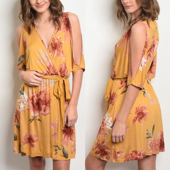 A Southern Gypsy Dresses & Skirts - Mustard Floral Short Sleeve Cold Shoulder Dress